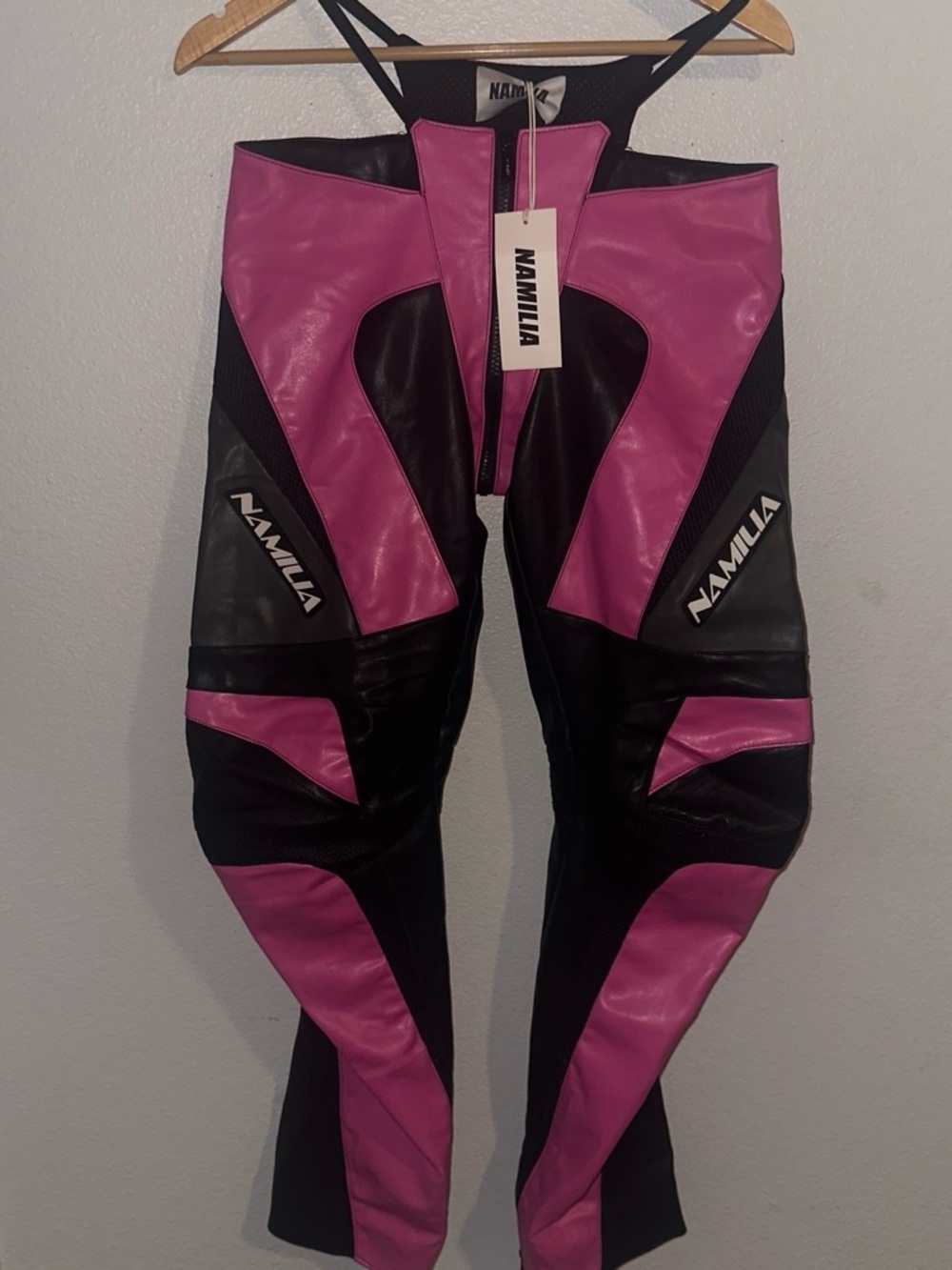 Namilia Women's Pink and Black Skinny Leather Pants